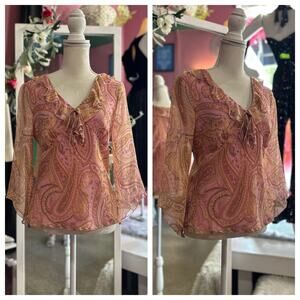 Vintage Y2K 2000s Top Blouse Pink Sheer Flowy Fairy Whimsy Coquette Silk M